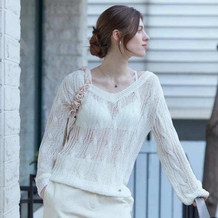 V neck twist layered summer knit - ivory