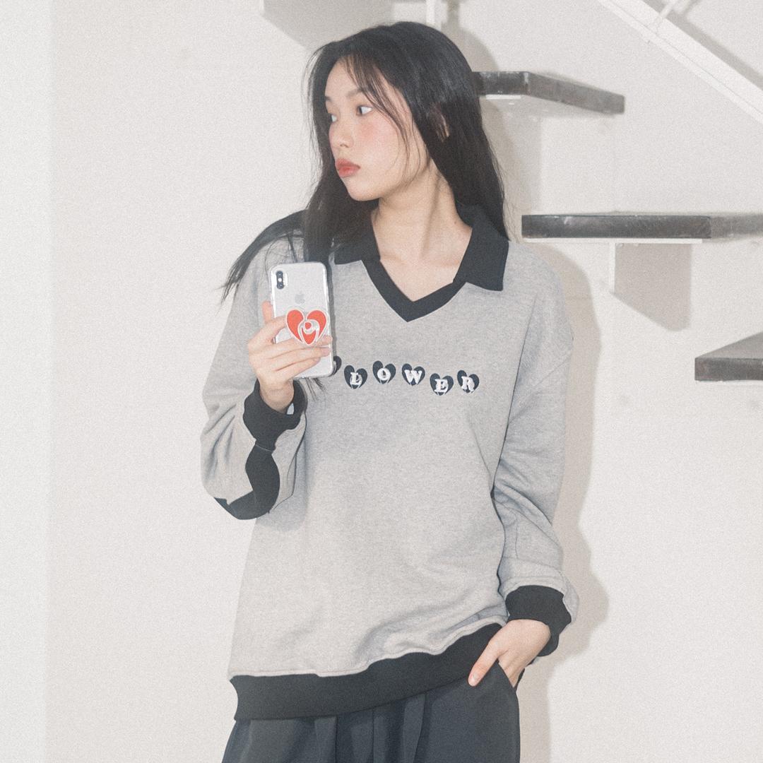 FLOWER COLLAR BLOCK V-NECK SWEATSHIRT(GREY)