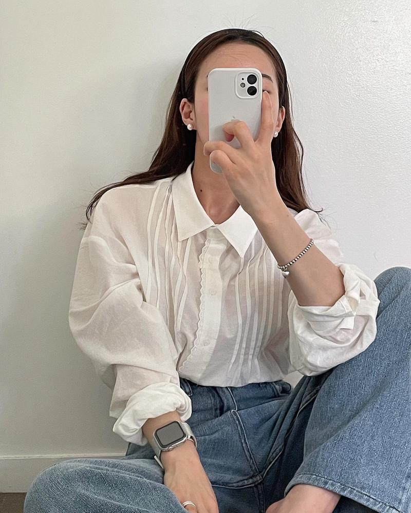 이르 여성 봄 여름 시스루 면 루즈핏 핀턱 레이스 화이트 블라우스