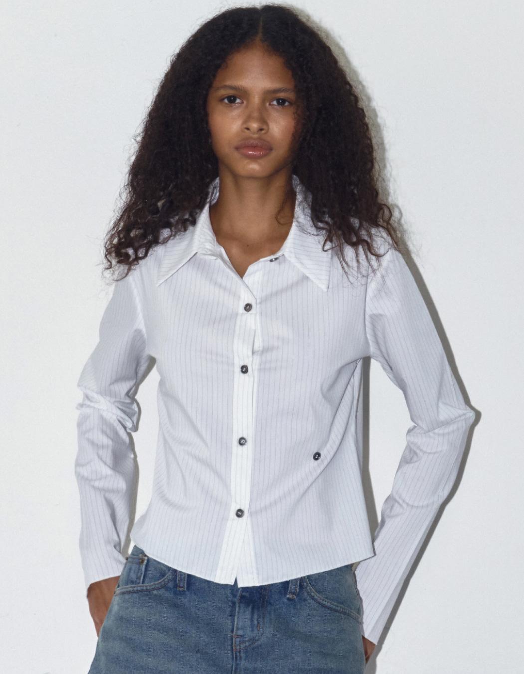 PINSTRIPE RUCHED SHIRT, WHITE