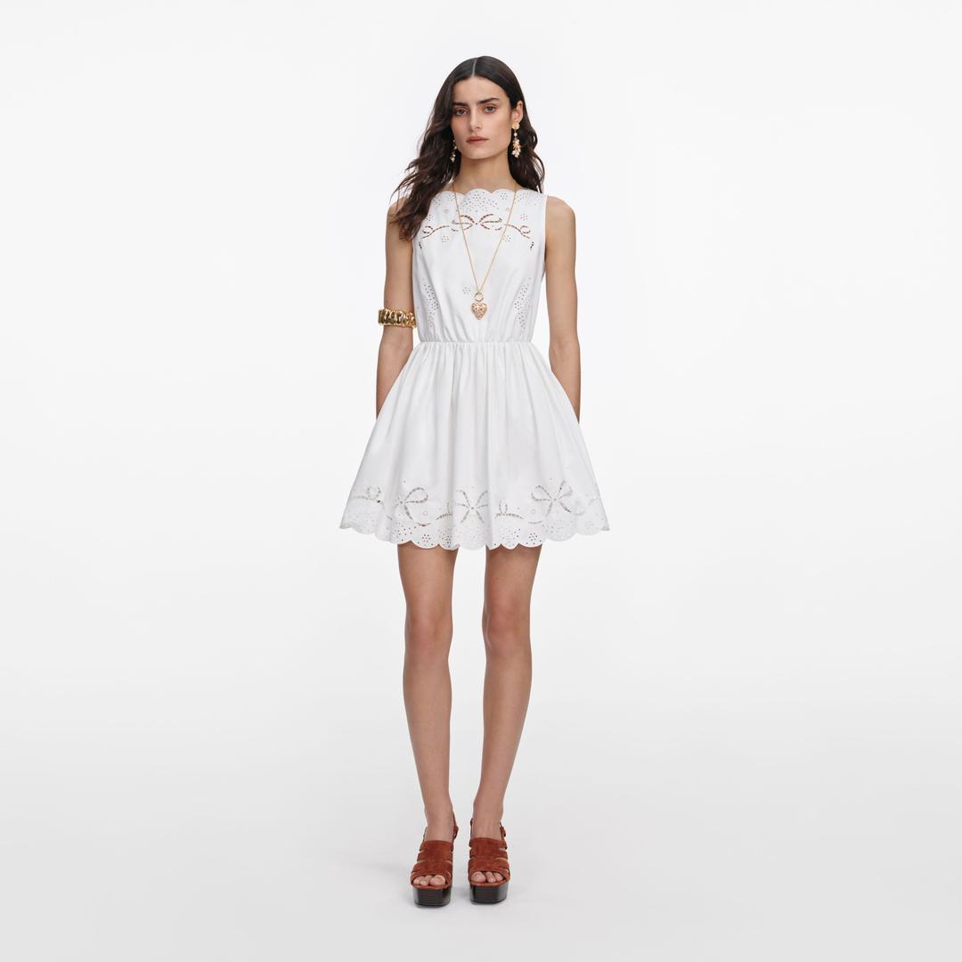 White Cotton Embroidered Mini Dress - UK 4