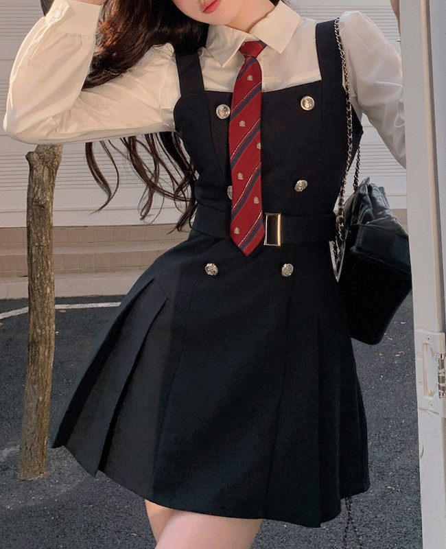 [하이틴/쓰리피스] 화이트 긴팔셔츠+금장 플리츠 벨트 미니원피스 +오버핏자켓 셋업 세트 놀이공원 코스프레 스쿨룩 교복세트(넥타이포함)