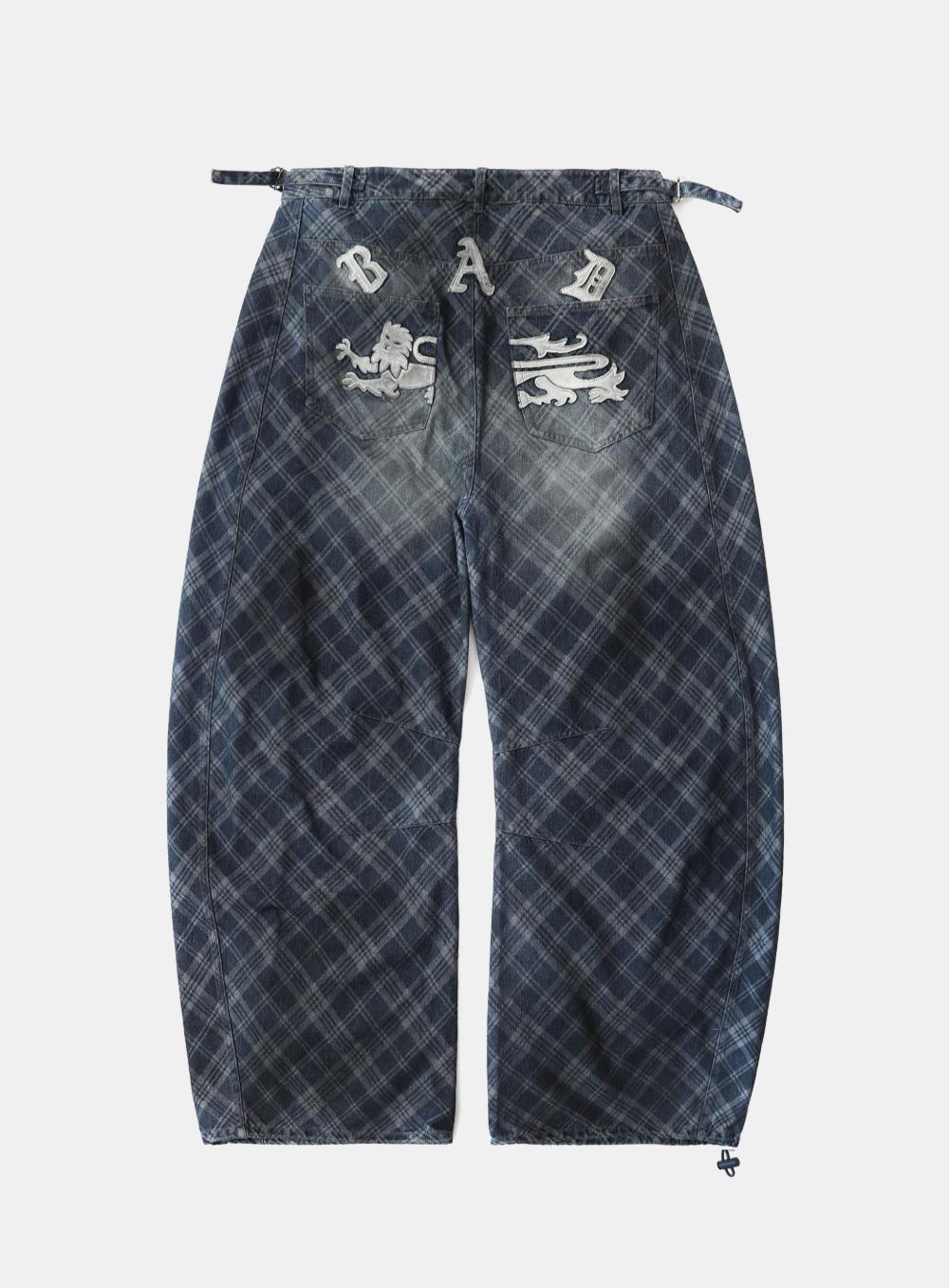[w-pts25-036] 라이온 패치 워시드 배럴 팬츠 - 블루데님체크