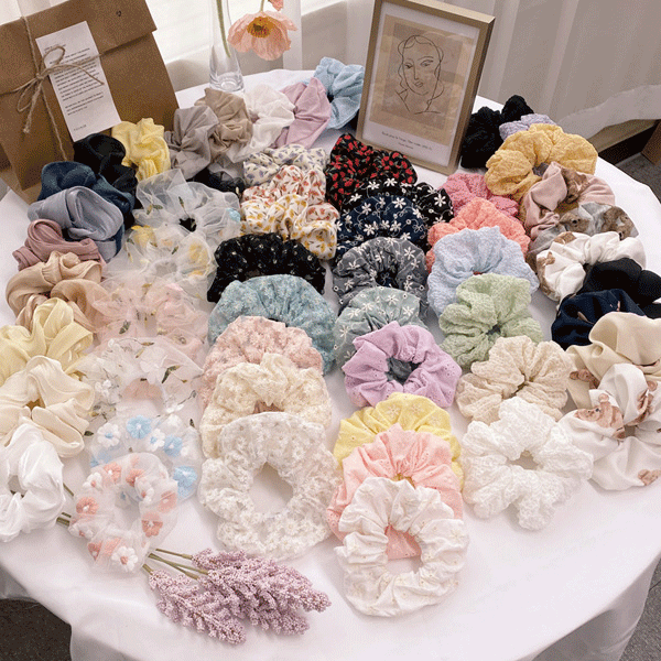 고급 자수 곱창끈 시스루 플라워 헤어끈 곰돌이 스크런치 헤어슈슈