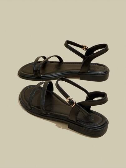Women's Black Flat Open Toe Strap Sandals, Simple Minimalist Thin Strap Soft Bottom Beach One-Buckle Strap Sandals