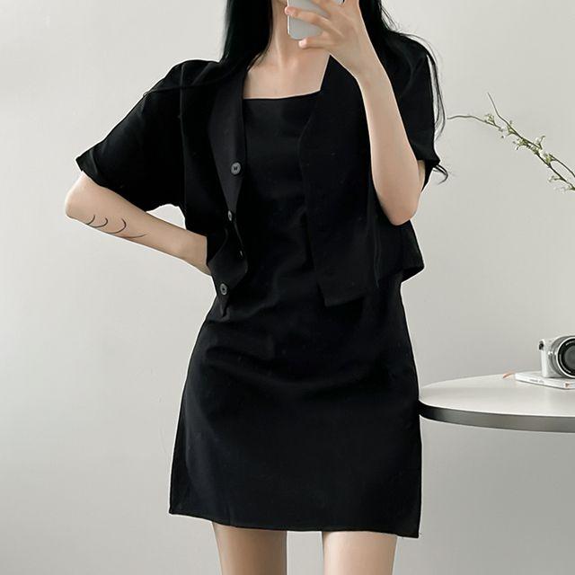 여름신상[SET] 데일리 끈나시 미니 원피스 + 셔츠 세트, OPS, 민소매 원피스, 셔츠, 남방_리코마켓