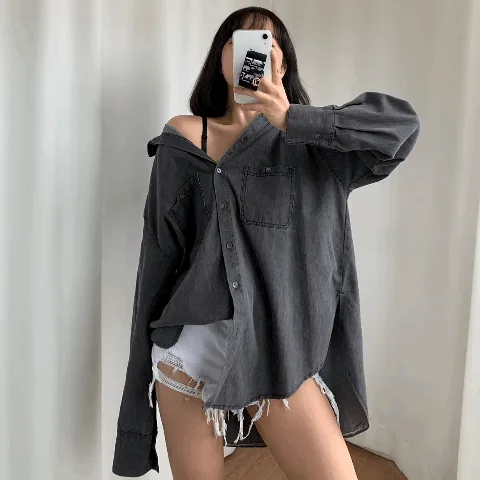 빈티지 다크 청 남방 섹시 오버핏 루즈 데님 셔츠