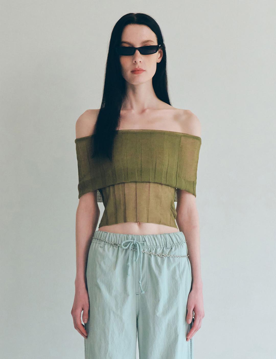 쉬어 립 니트 탑 (카키)