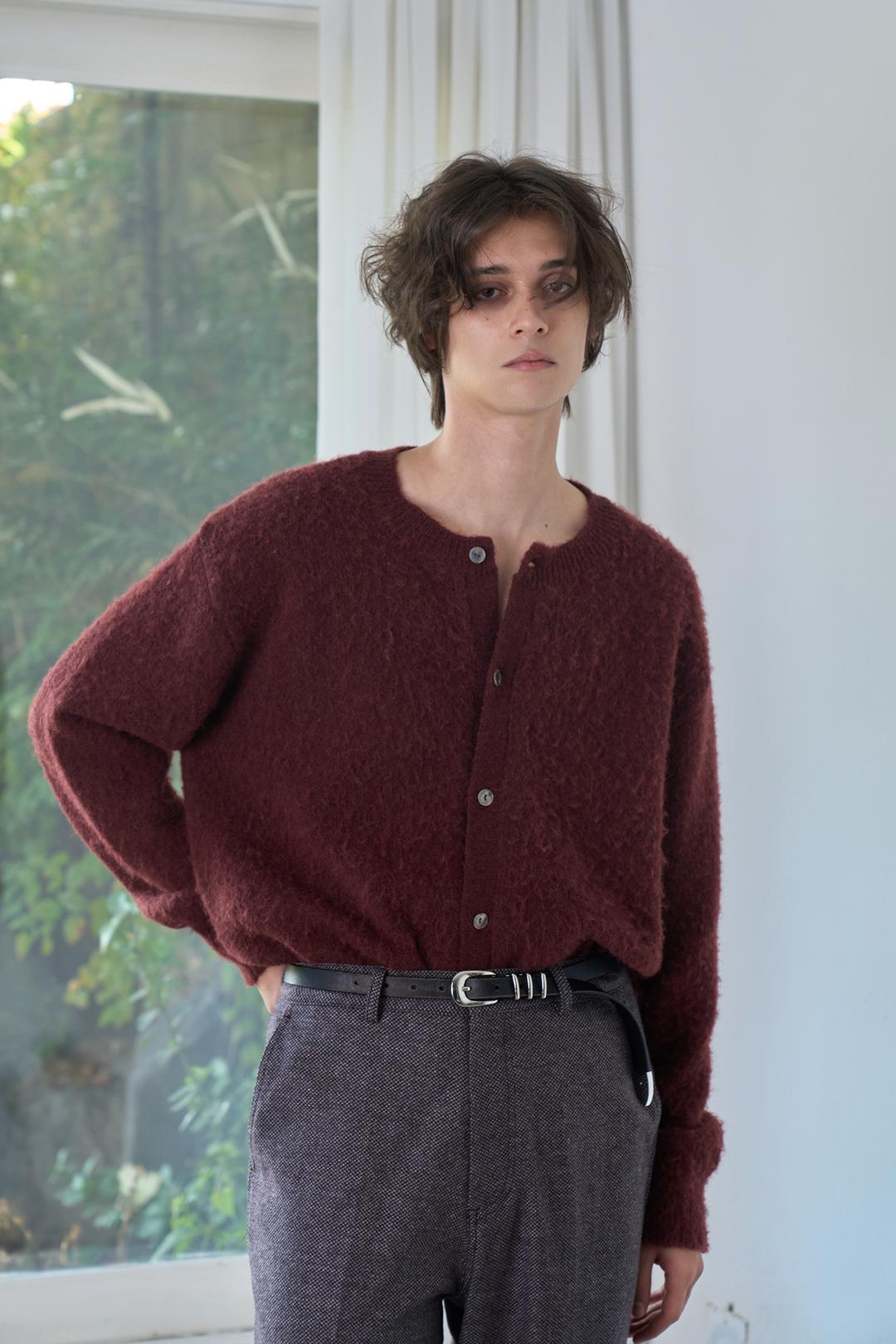 Mohair Texture Round Neck Cardigan - Wine Burgundy