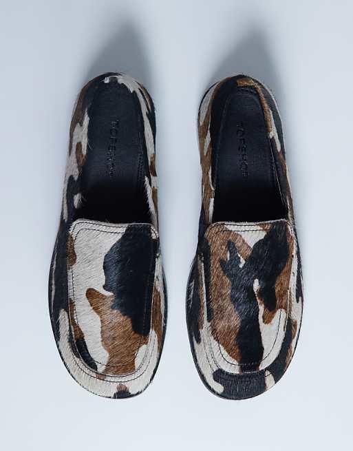 Topshop Corrie pony real leather flat shoe loafer in animal print
