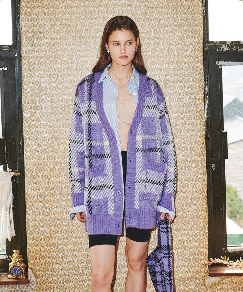 JACQUARD CHECKED KNIT CARDIGAN_LAVENDER (EEOO4CDR01W)