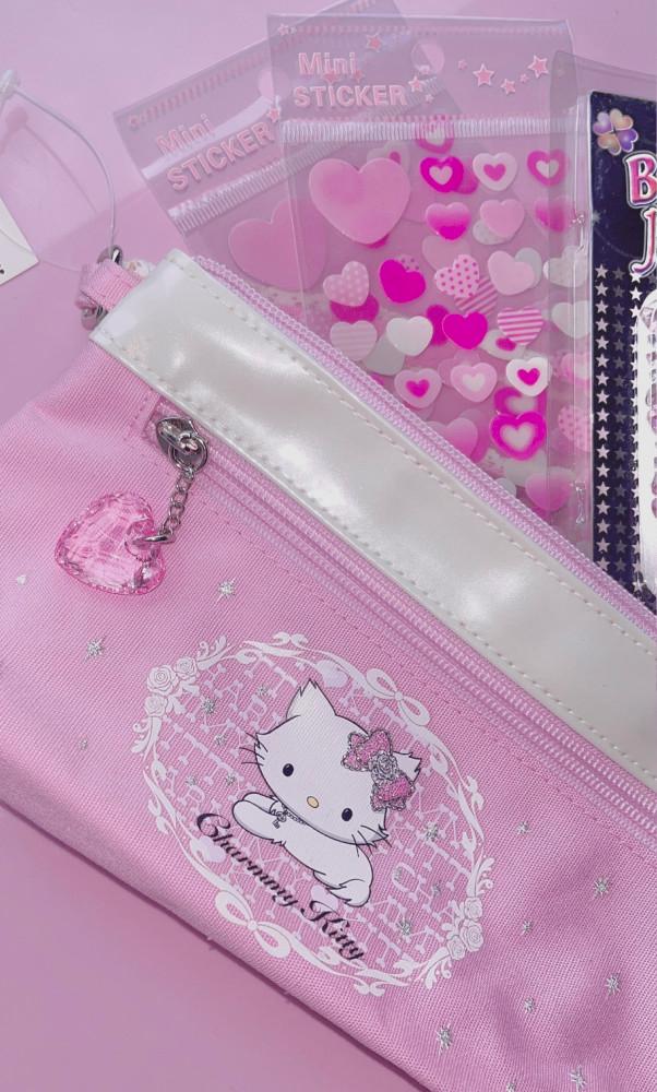 산리오 정품 초희귀 큐티 키치템💓 챠미키티 헬로키티 연핑크 하트 보석 팬던트 멀티 파우치 필통