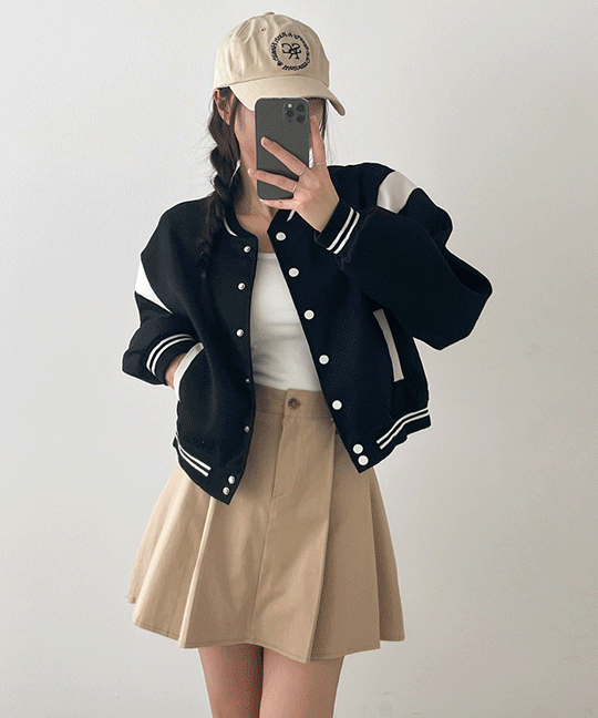 💖교복템💖 심블 크롭 배색 바시티 자켓 / 야구 잠바 점퍼 블루종 간절기 봄 가을 단추 루즈핏 숏