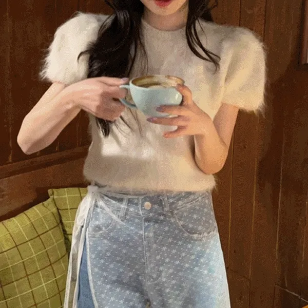 [재고정리‼️/원가판매]플러피 보송 앙고라 소매 퍼프 반팔 라운드 니트(2col)