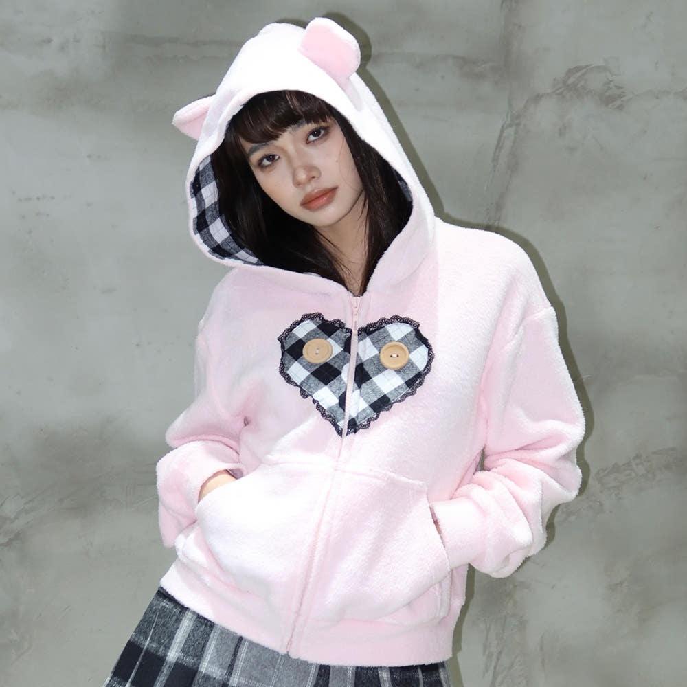Eat me Plz 핑크 베어 후드집업 잇미플리즈 하트 체크 긴팔 후디