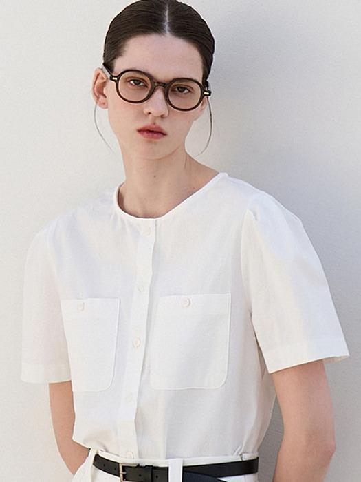 포켓 하프 퍼프 블라우스 화이트  amr1574