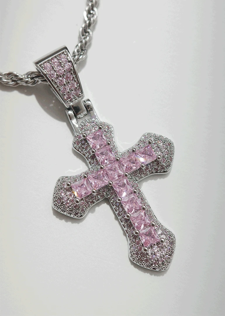 [high-quality] pink cubic cross necklace | 핑크 지르콘 큐빅 십자가 목걸이