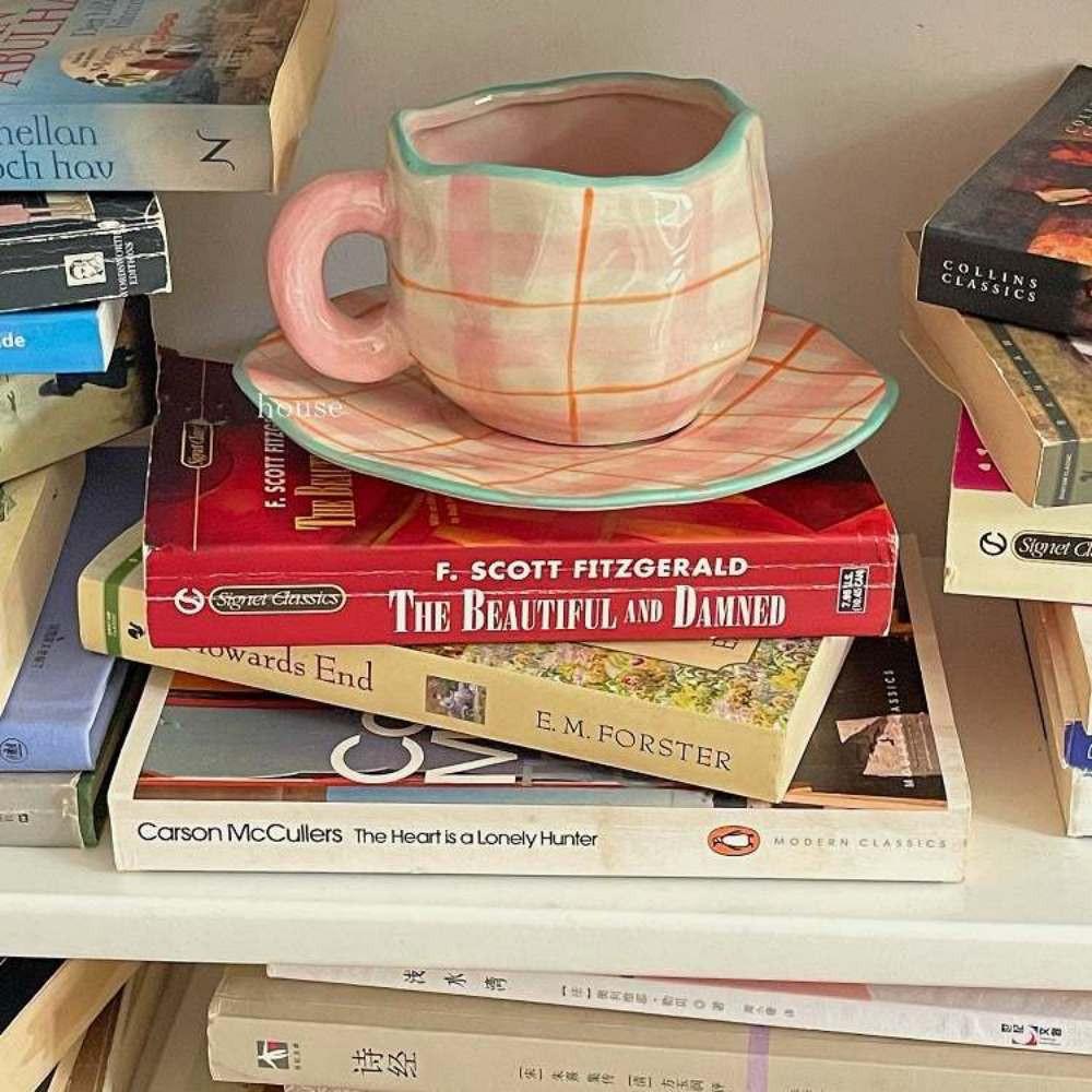 빈티지 체크 기하학 불규칙 울퉁 덴마크 머그컵 귀여운 커피 차 제작 도자기 머그잔 세트