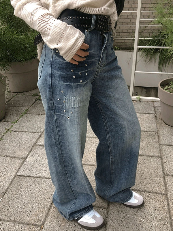 스터드 워싱 와이드 데님팬츠