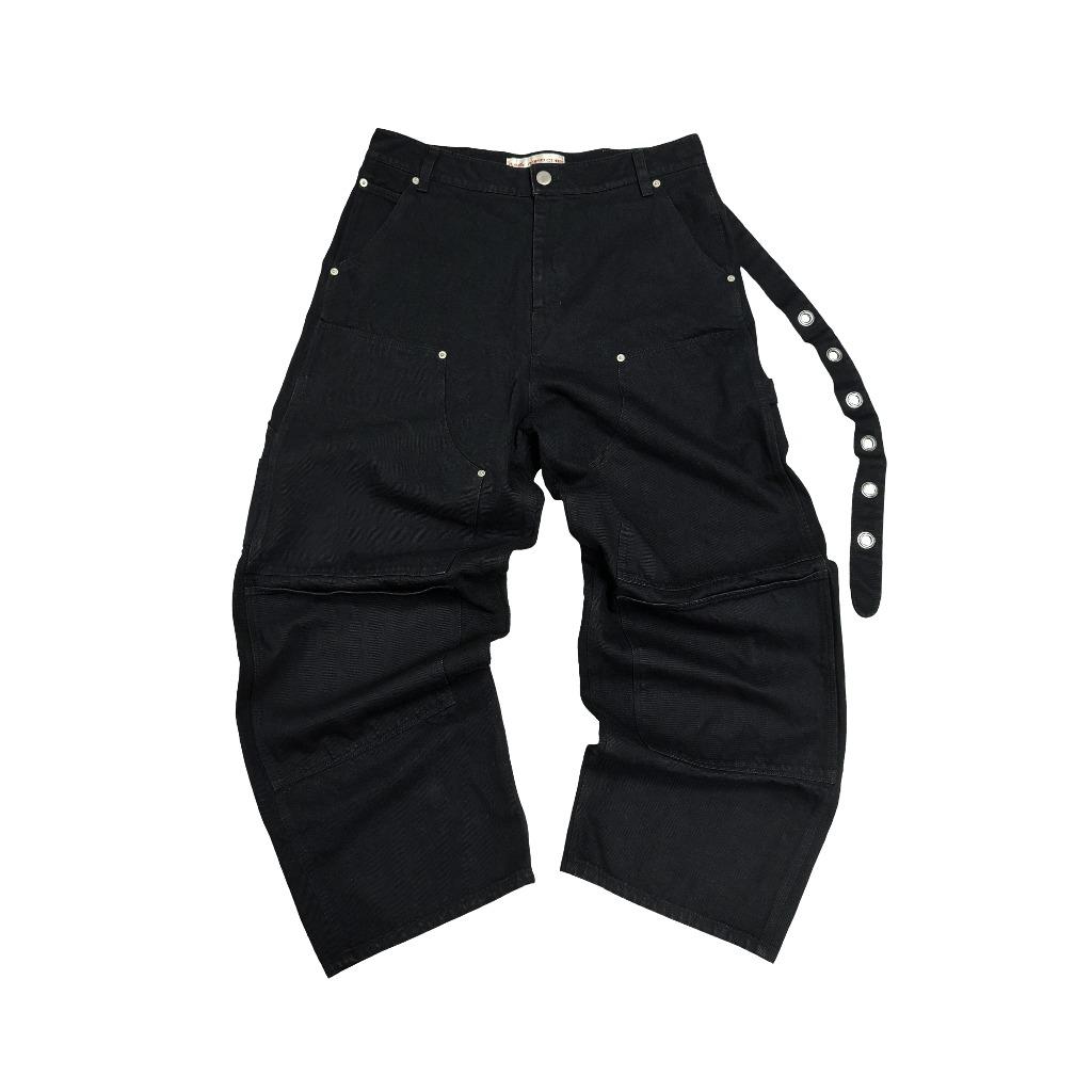Cutted Double Knee Belt Pants - Black