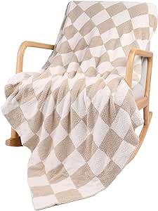 QQP Checkered Throw Blanket,Soft Cozy Microfiber Reversible Checkerboard Fluffy Blanket for Home Bed Couch., 50X60In（Camel&White）
