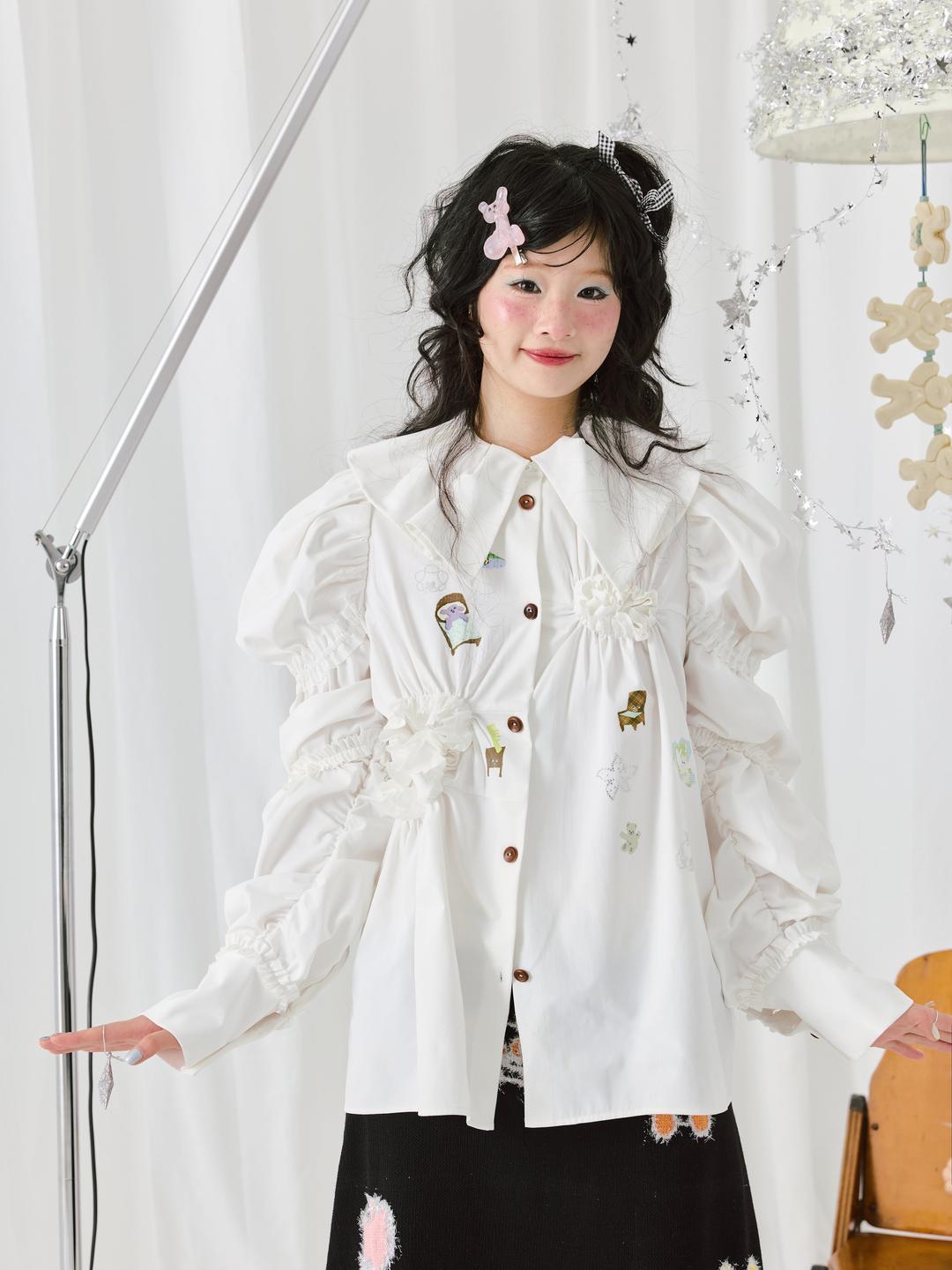White Ruffle Embroidered Long Sleeve Shirt