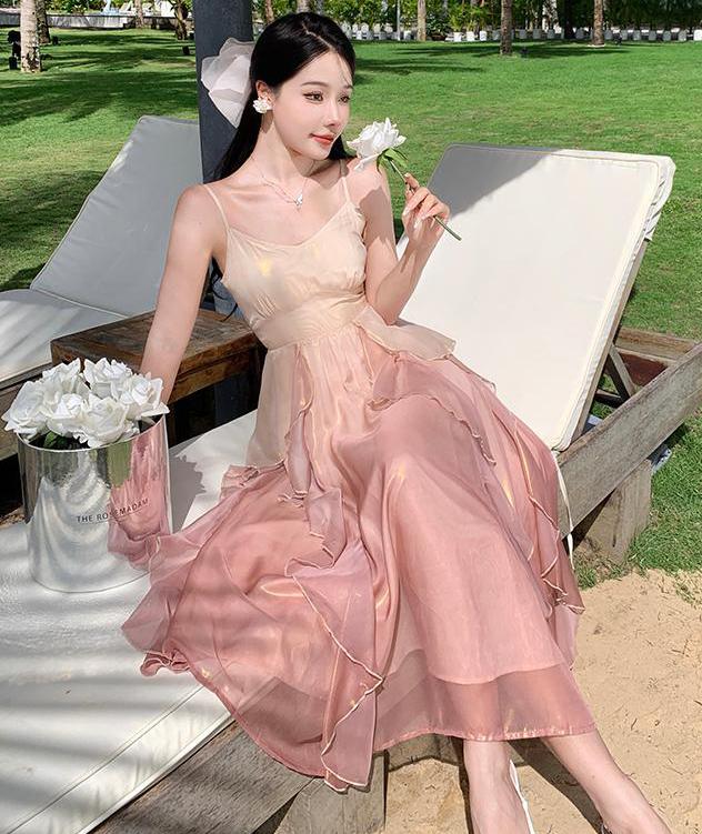 리즈고 핑크 그라데이션 하늘하늘 여리 러플 청순 비치룩 롱 원피스 말리부/해외여행/촬영