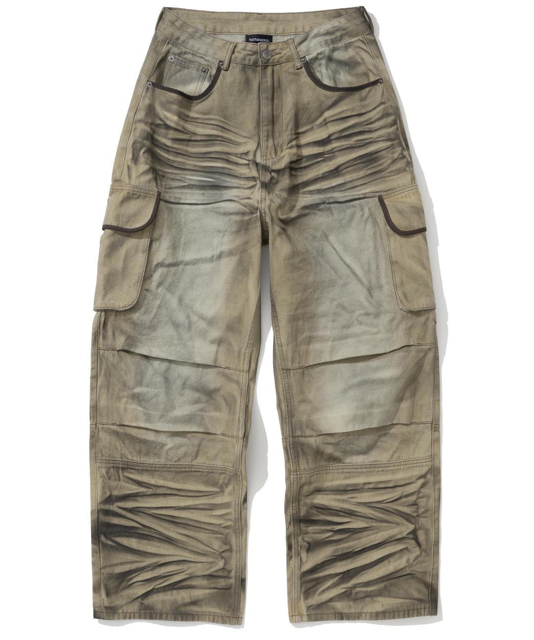 Dirty Washed Parachute Cargo Denim Pants - Beige