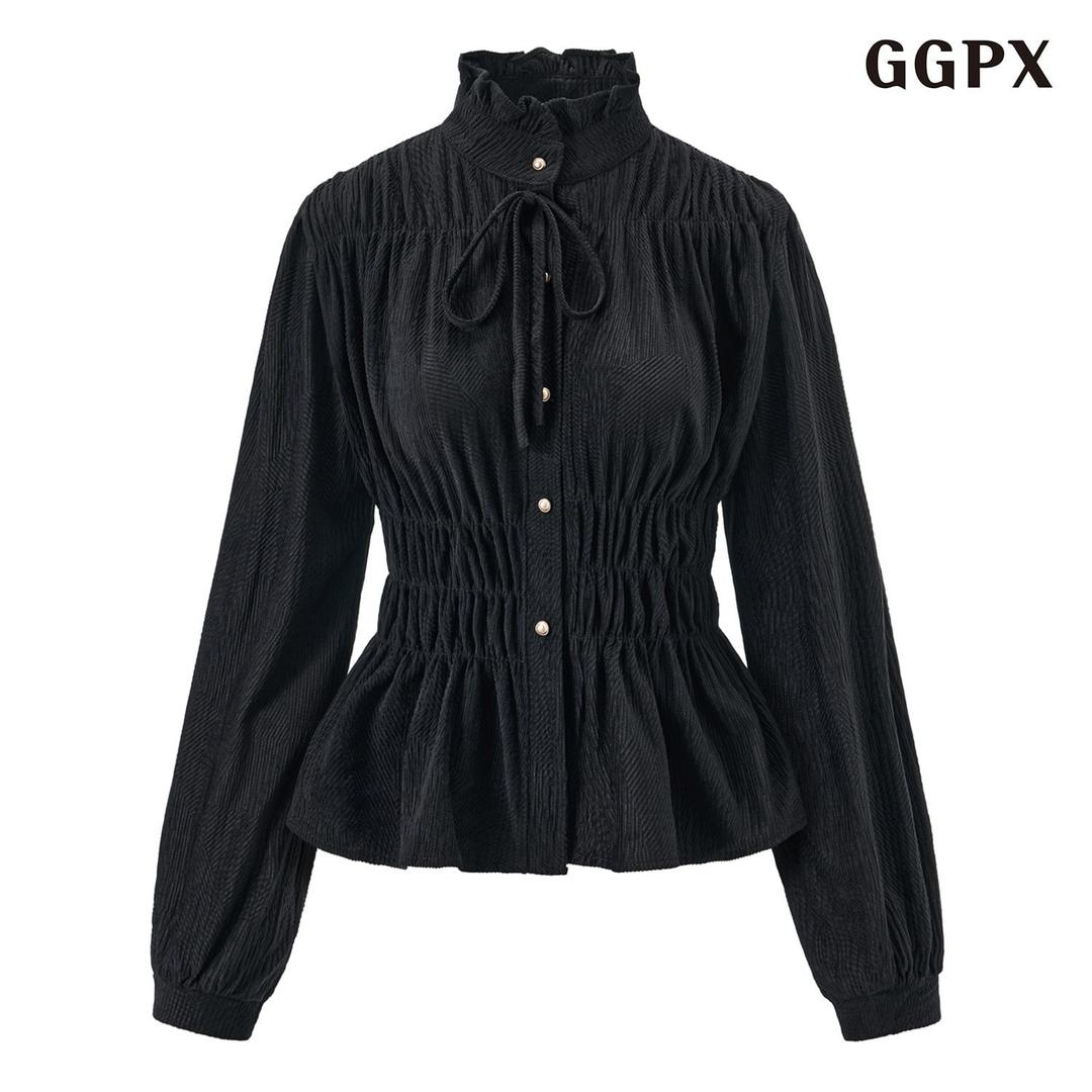 프릴넥 끈 데일리 셔링 블라우스 (GPDBA003D)