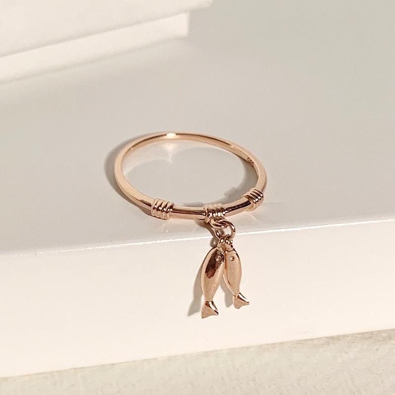 14K 18K 물고기 딸랑이 반지