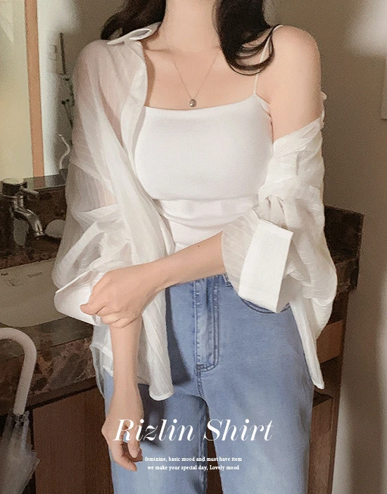 리즐린 여리핏 투웨이 긴팔셔츠(장마룩/시스루/카라/스트라이프/포켓/펜던트/루즈핏/데일리룩/데이트룩/출근룩/레이어드)