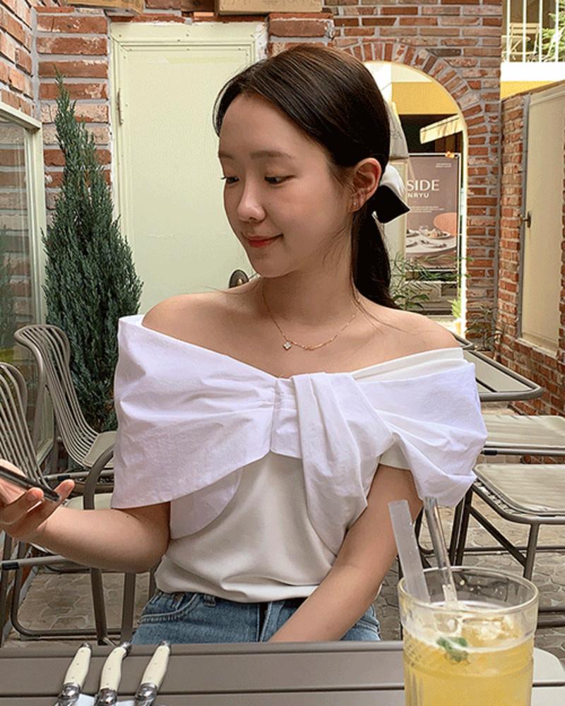 왕리본블라우스 오프숄더블라우스 캡소매티셔츠 화이트블라우스