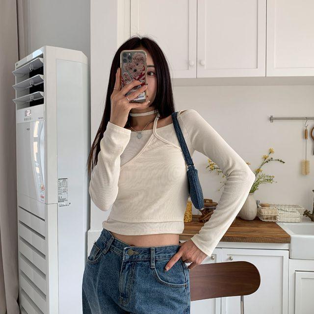 [데이트룩ෆ] 메루스 골지 스트랩 오프숄더 긴팔티