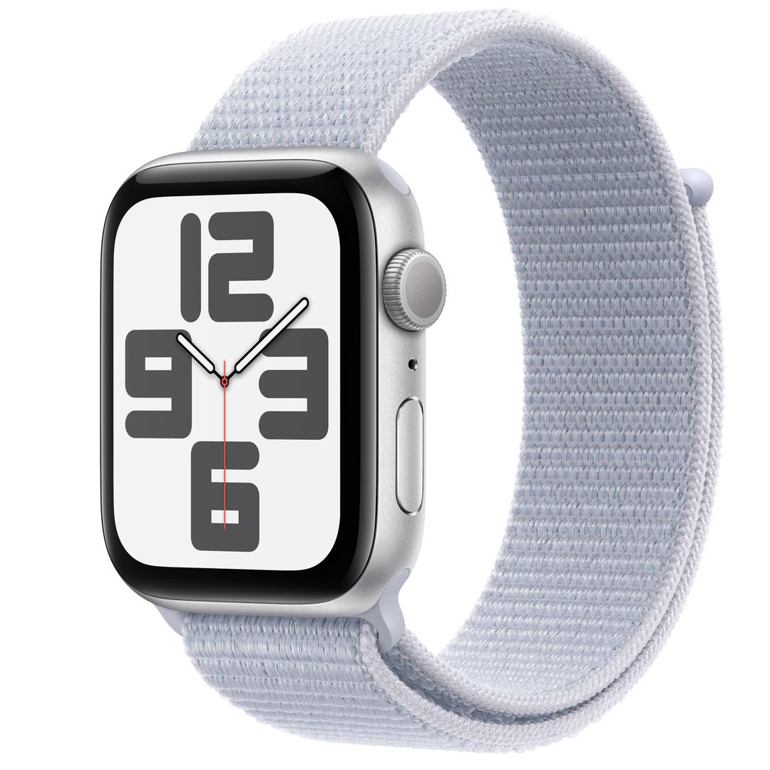Apple Watch SE GPS 44mm 실버 알루미늄 케이스, 그리고 블루 클라우드 스포츠 루프