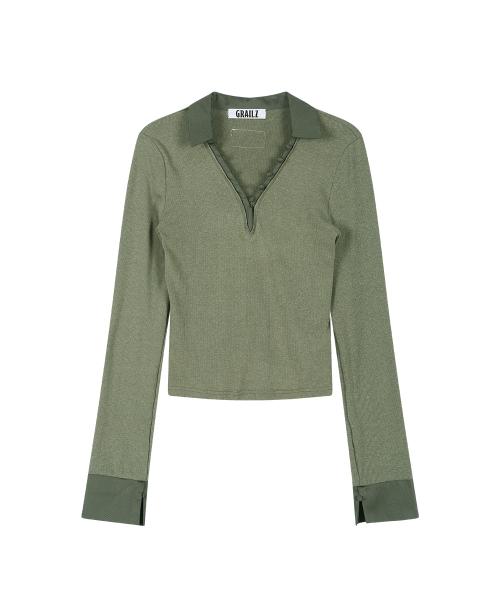 BUTTON COLLAR KNIT LONGSLEEVE [KHAKI]