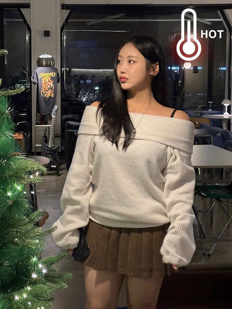 1600 [빅사이즈]오프숄더 윈터 기모 니트티[5color/44-88]