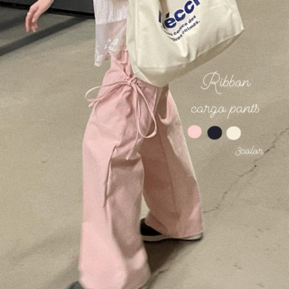 🎀ღ대박할인ღ [당일출고/사랑스런무드의인생바지!!/38℃] 허리밴딩으로 편안한 리본 카고 스트링 포켓 롱 와이드 팬츠 , 발레코어룩
