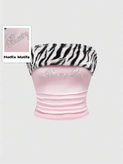 ROMWE J-Fashion 여성용 규루 바디콘 크롭 탑, 토끼 퍼 프린트 패치워크, 라인스톤 장식 제브라 패턴, 핑크색 seamless 디자인