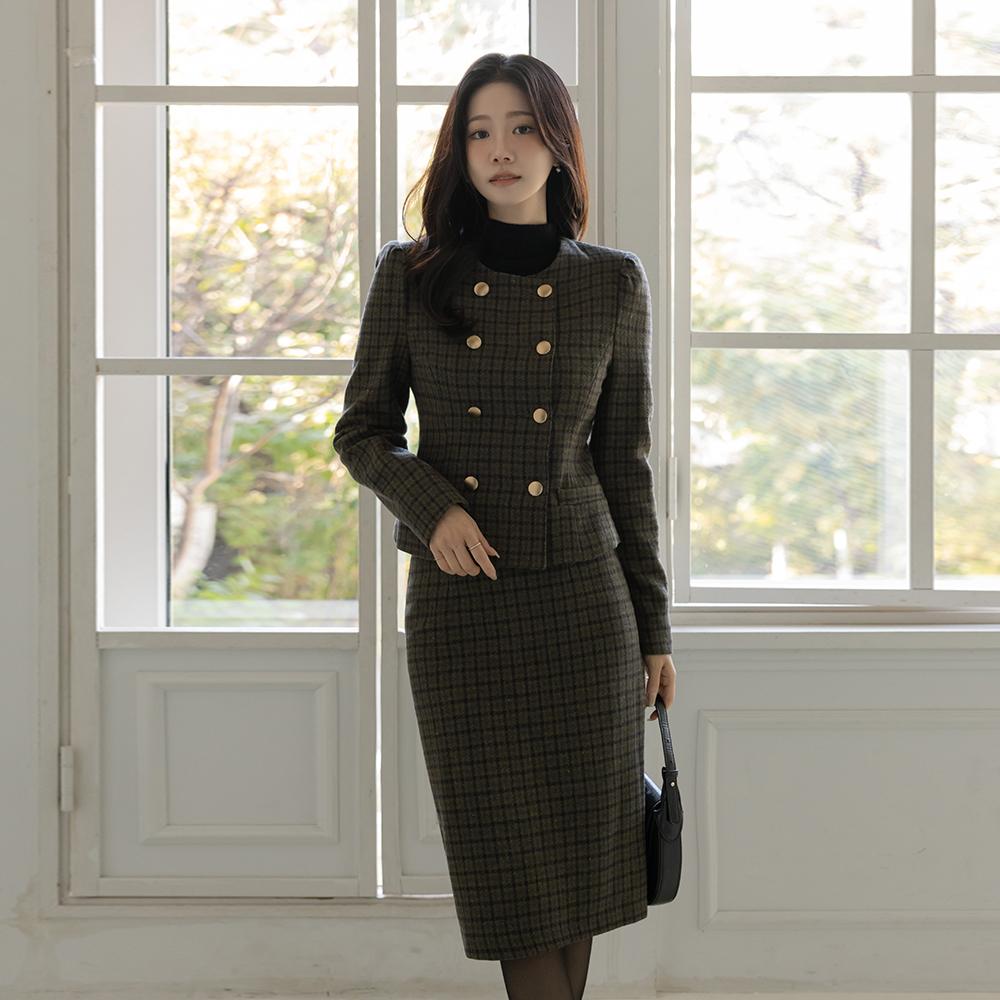 클래식 체크 울 더블 버튼 셋업 자켓