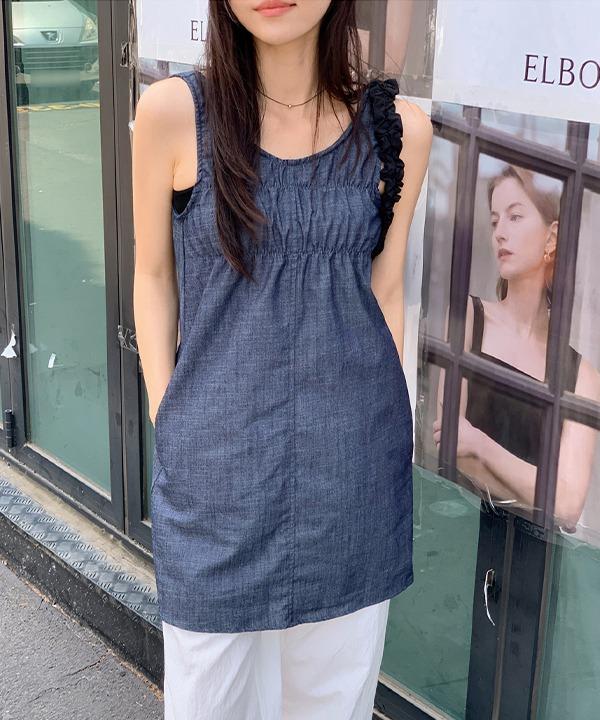 썸머 솔트 데님 셔링 나시 미니 원피스