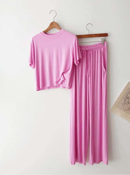 꾸안꾸SET/ 여리여리 찰랑핏 심플 크롭 티셔츠 밴딩 일자바지 와이드팬츠 투피스 여름 데일리 홈웨어 원마일웨어 바캉스룩 무지 추리닝 세트