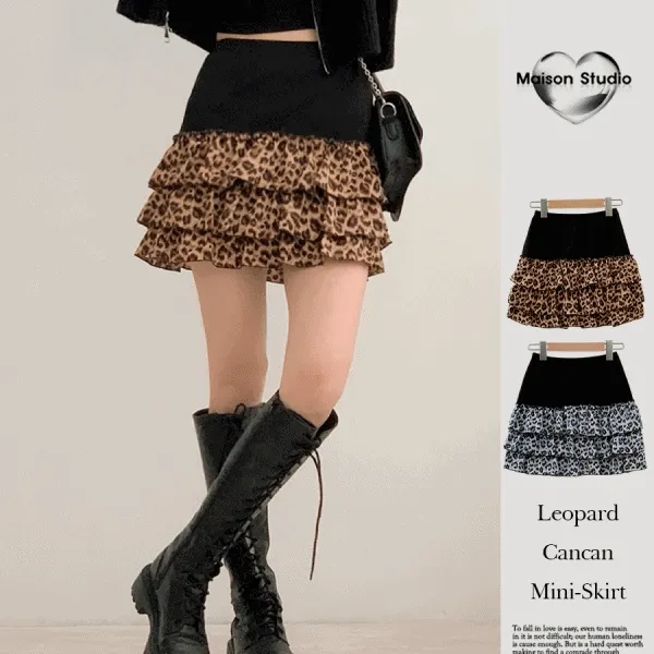 [핏예쁨]오사카 레오파드 하이웨스트  프릴 캉캉 미니스커트2color -메종스튜디오