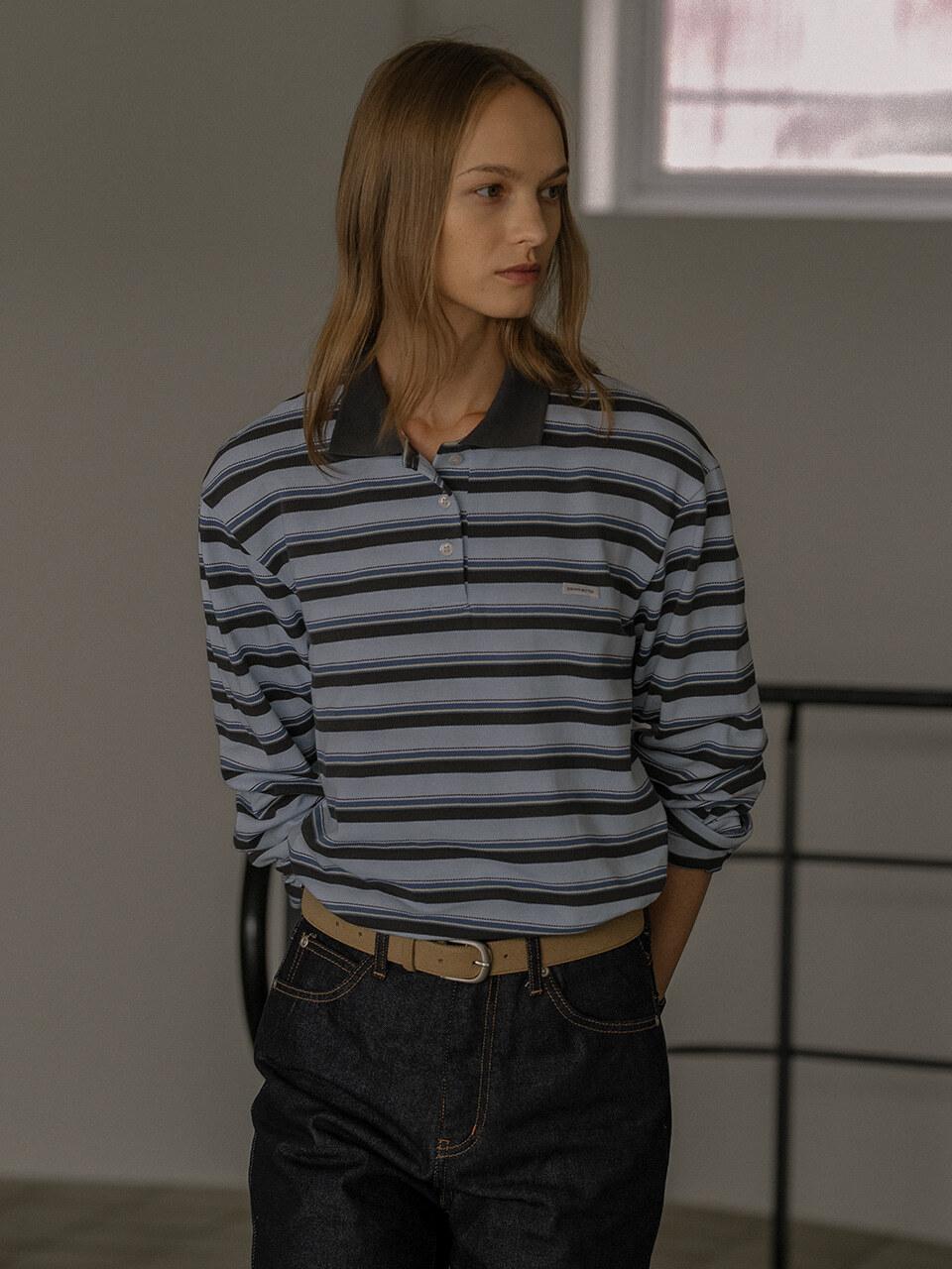 Multi stripe collar longsleeve T-shirt KNFW02TS11_Sky blue