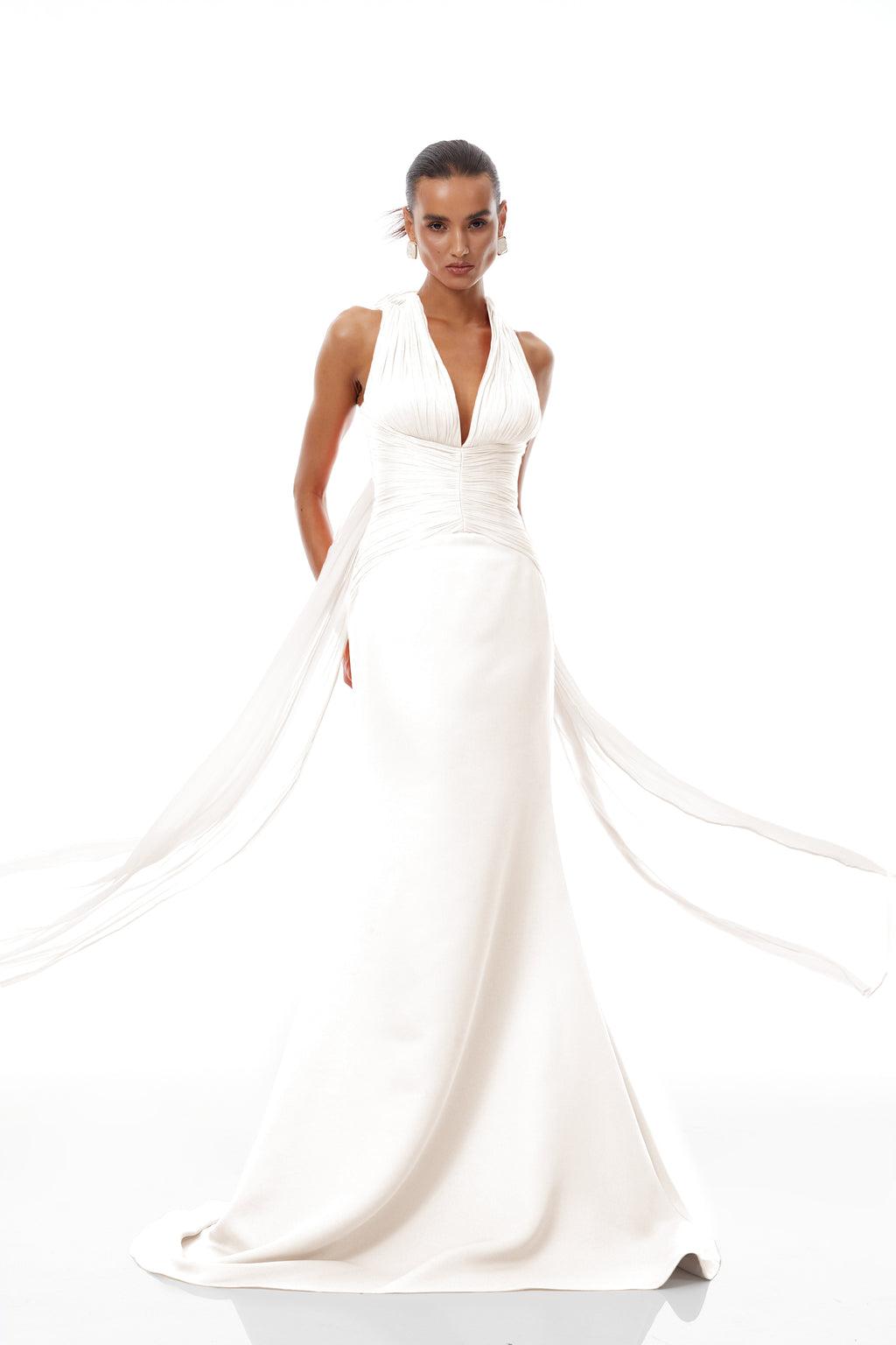 Emmeline White Train Design Gathered Maxi Dress
