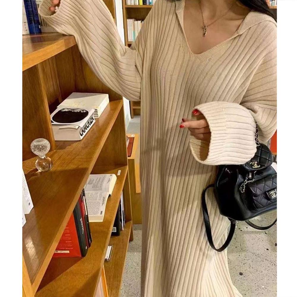 (기획특가) 오버무드 루즈핏 세일러 카라 골지 롱 겨울 니트 원피스 2color