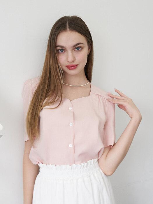 셔링 하트넥 하프 블라우스 핑크 SHIRRING HEART NECK HALF BLOUSE PINK [T22]