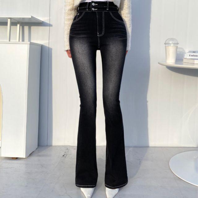 골반패드 탈부착) 로웬 패드 투버튼 데님 부츠컷 롱 팬츠 ( 스티치 브러쉬 하이틴 청바지 )