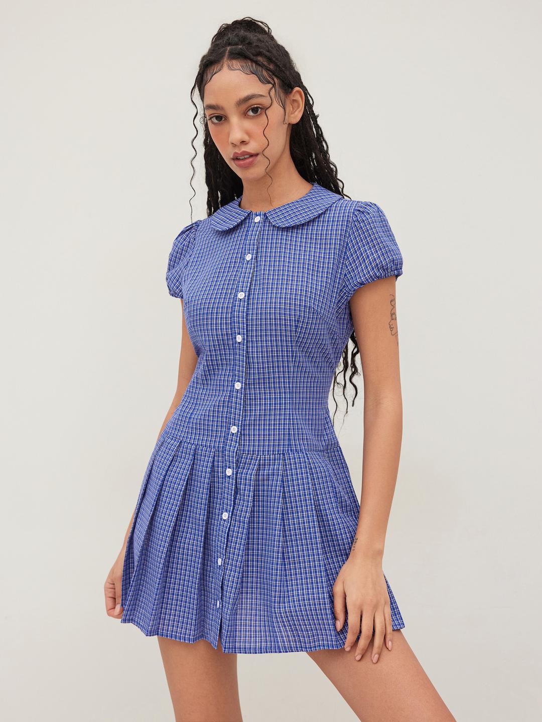Cotton-blend Collar Plaid Pleated Mini Dress
