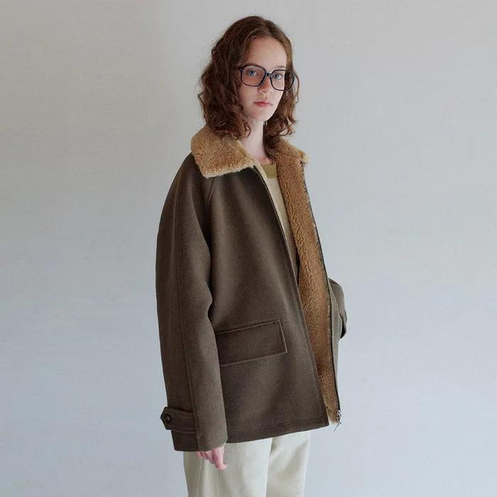 퍼 카라 패디드 하프 코트_Dried Khaki