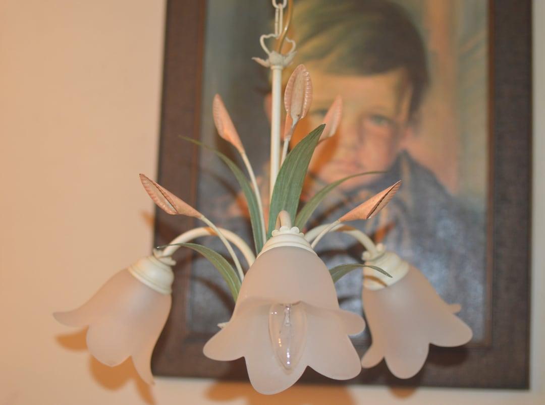 Antique Vintage French painted tole ware chandelier with flowers and leaves 3 branch
